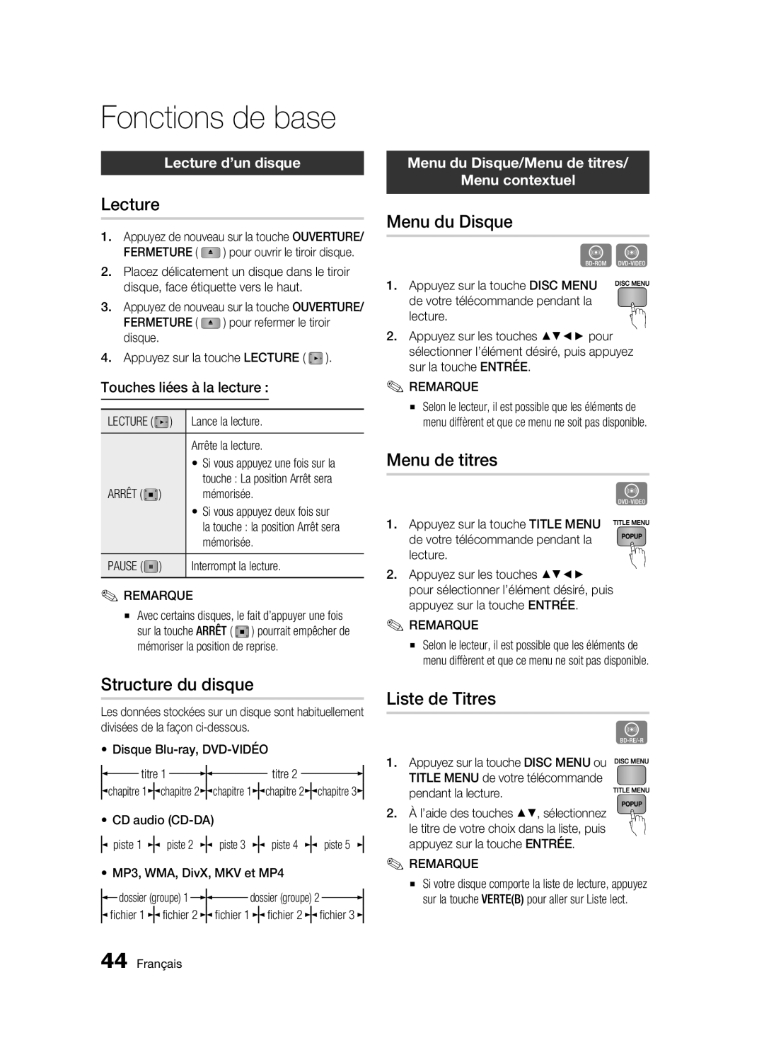 Samsung AK68-01963B-00 user manual Fonctions de base 