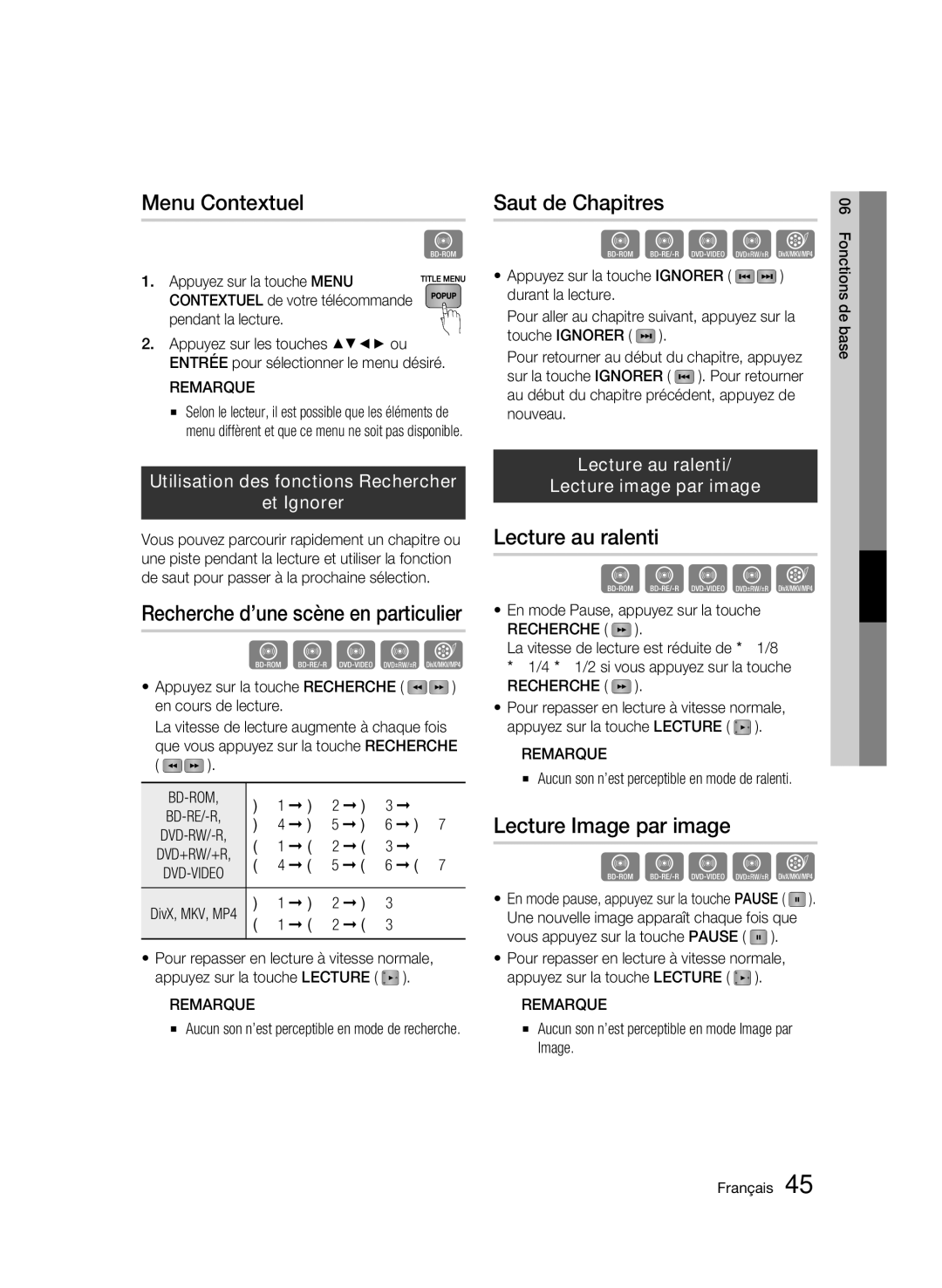 Samsung AK68-01963B-00 user manual Menu Contextuel, Saut de Chapitres, Lecture au ralenti, Lecture Image par image 