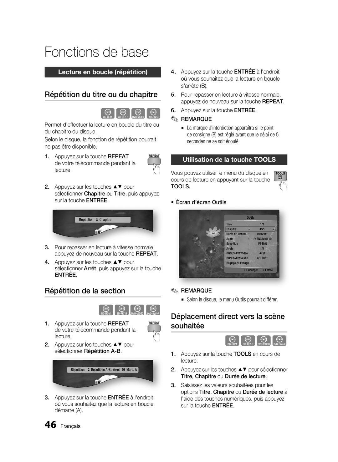 Samsung 01963B Répétition du titre ou du chapitre, Répétition de la section, Déplacement direct vers la scène souhaitée 