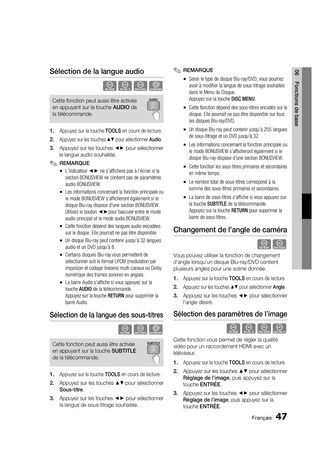 Samsung AK68-01963B-00 user manual Sélection de la langue audio, Changement de l’angle de caméra 