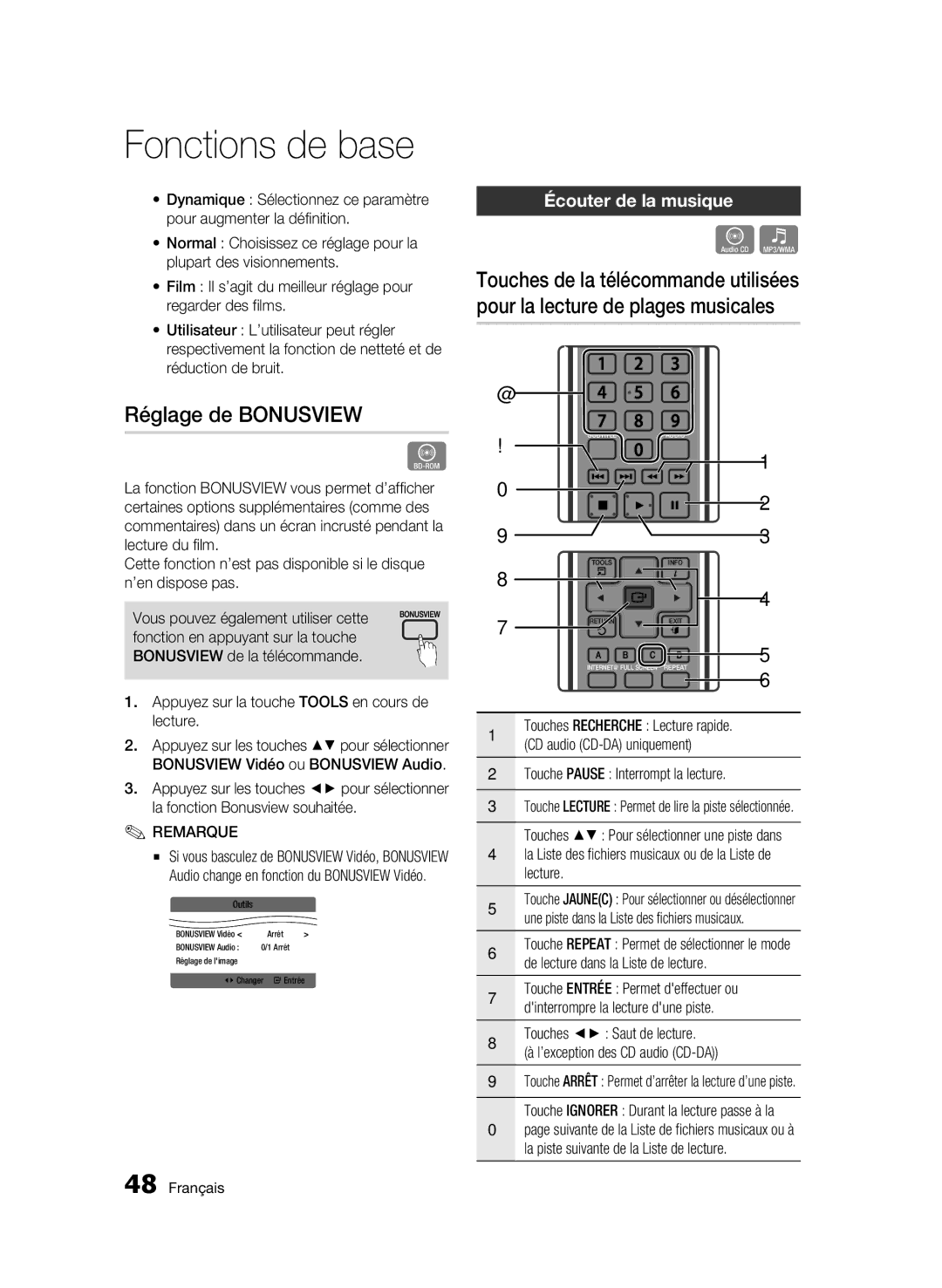 Samsung AK68-01963B-00 user manual Réglage de Bonusview, Écouter de la musique 