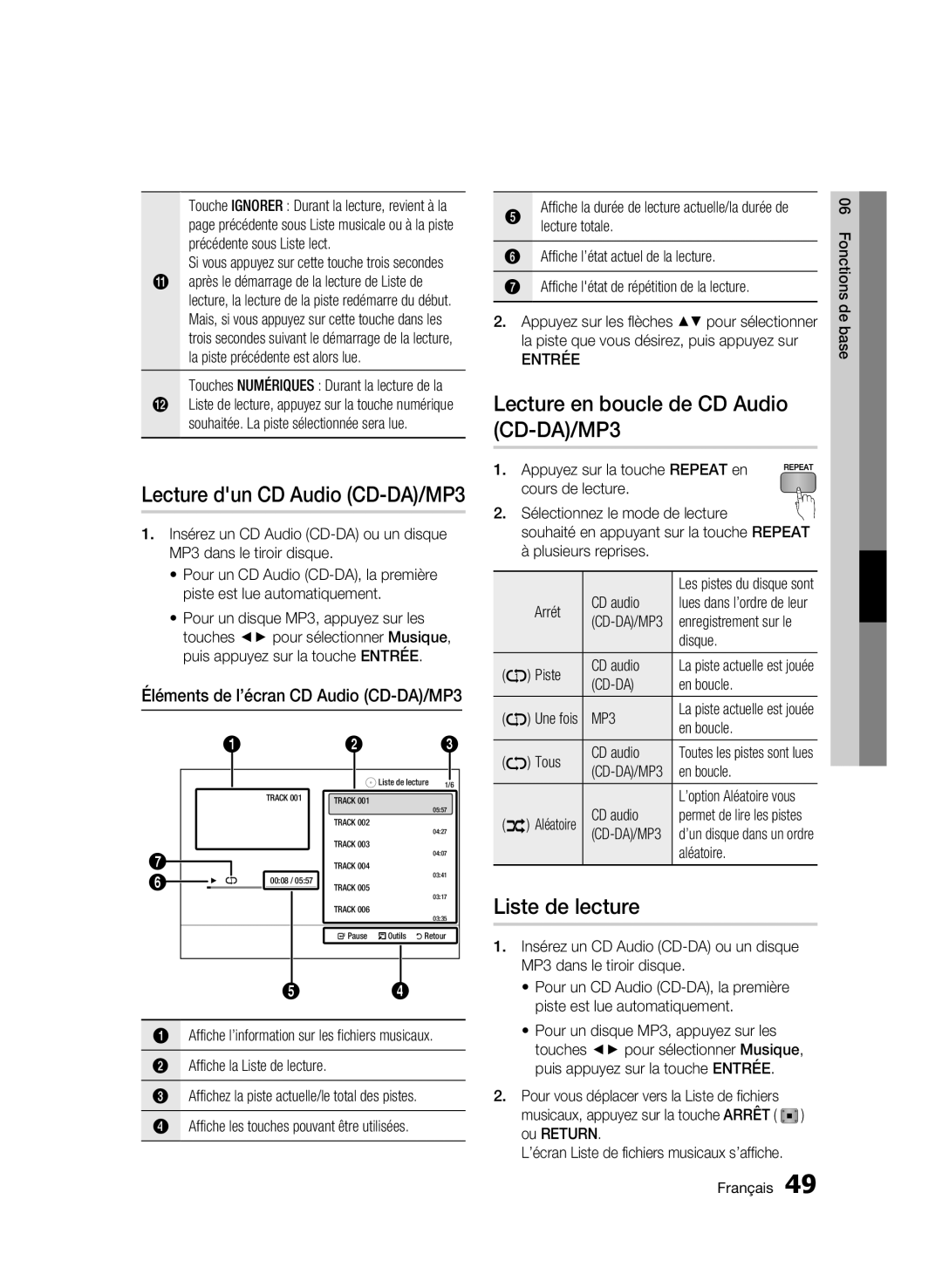 Samsung AK68-01963B-00 user manual Lecture en boucle de CD Audio CD-DA/MP3, Liste de lecture, Lecture totale 