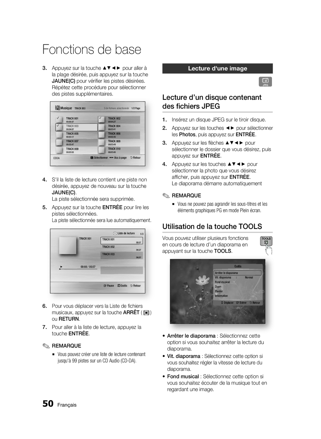 Samsung 01963B Lecture d’un disque contenant des fichiers Jpeg, Utilisation de la touche Tools, Lecture dune image 