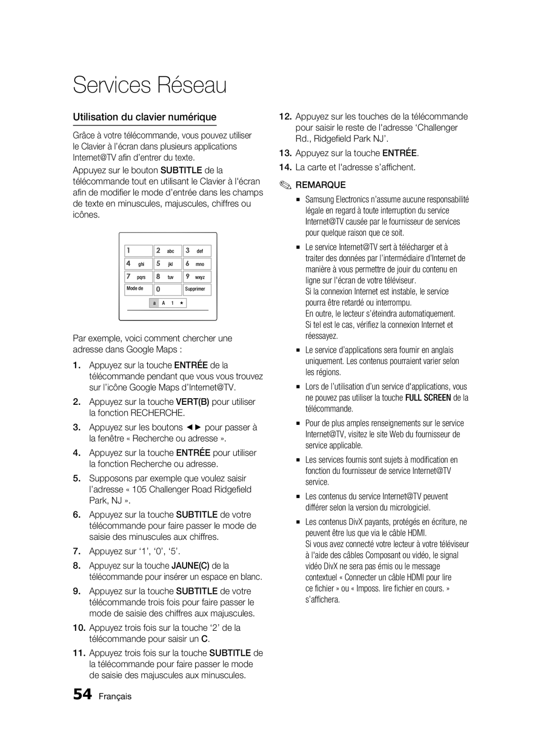 Samsung AK68-01963B-00 user manual Utilisation du clavier numérique, Appuyez sur ‘1’, ‘0’, ‘5’ 