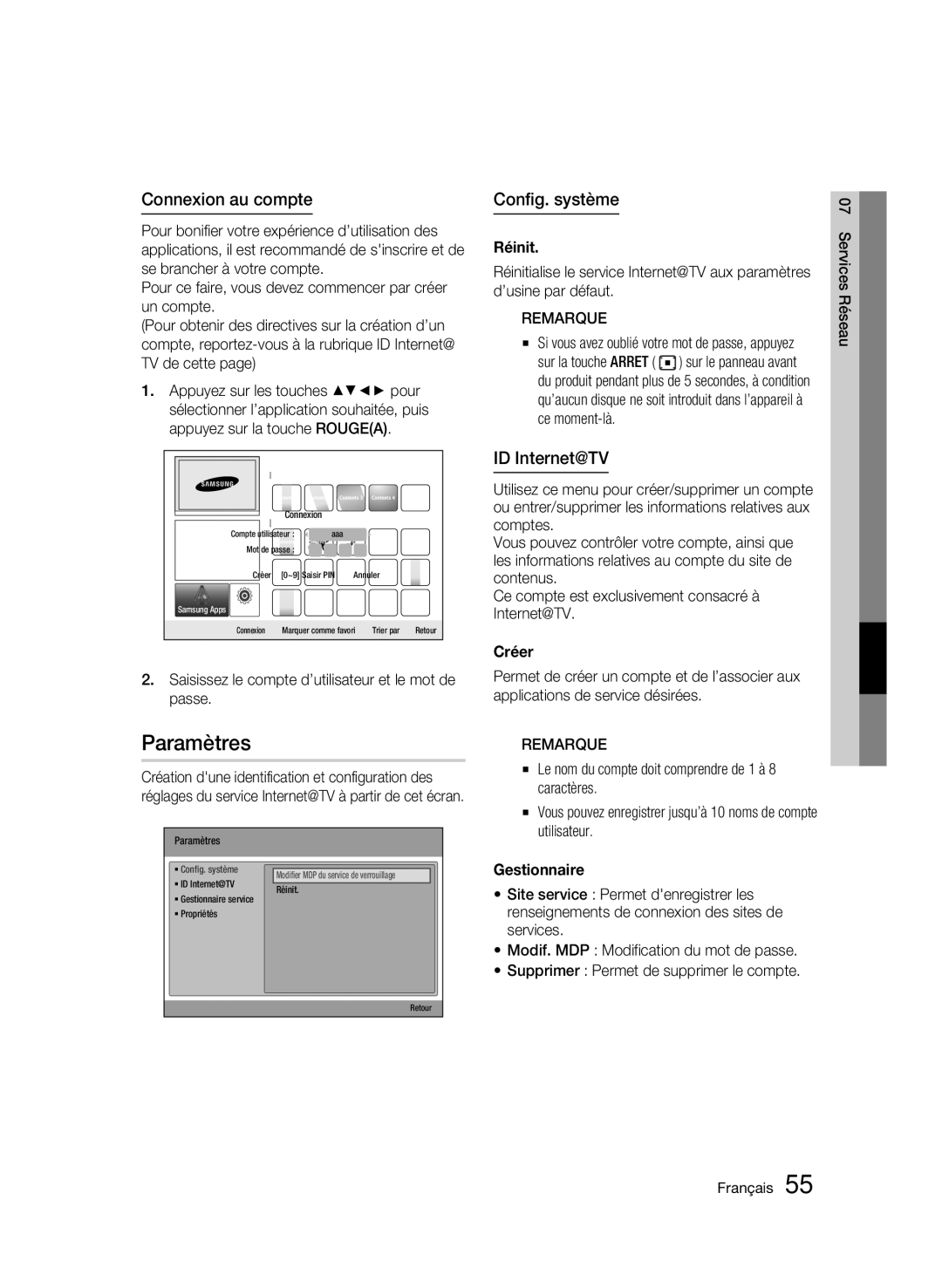 Samsung AK68-01963B-00 user manual Paramètres, Connexion au compte, Config. système, ID Internet@TV 