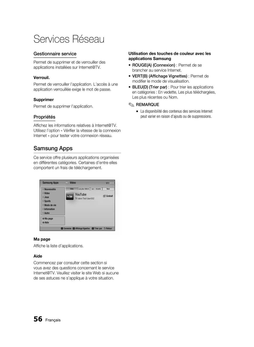 Samsung AK68-01963B-00 user manual Gestionnaire service, Propriétés, Verrouil, Supprimer, Aide 