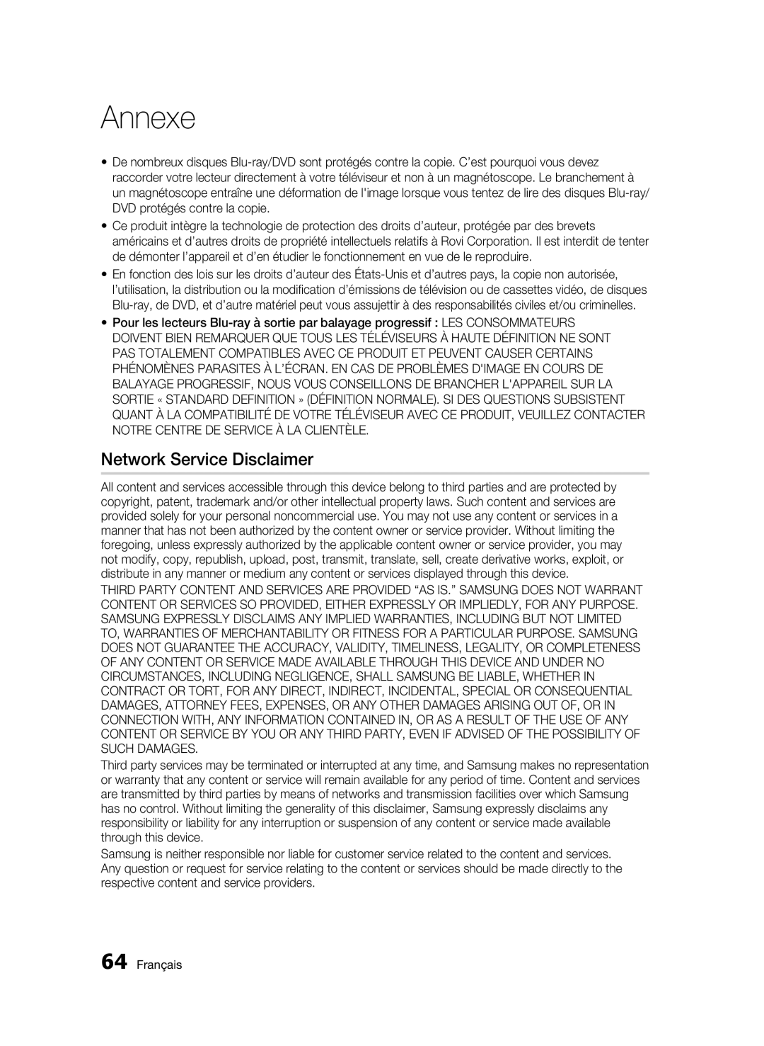 Samsung AK68-01963B-00 user manual Network Service Disclaimer 