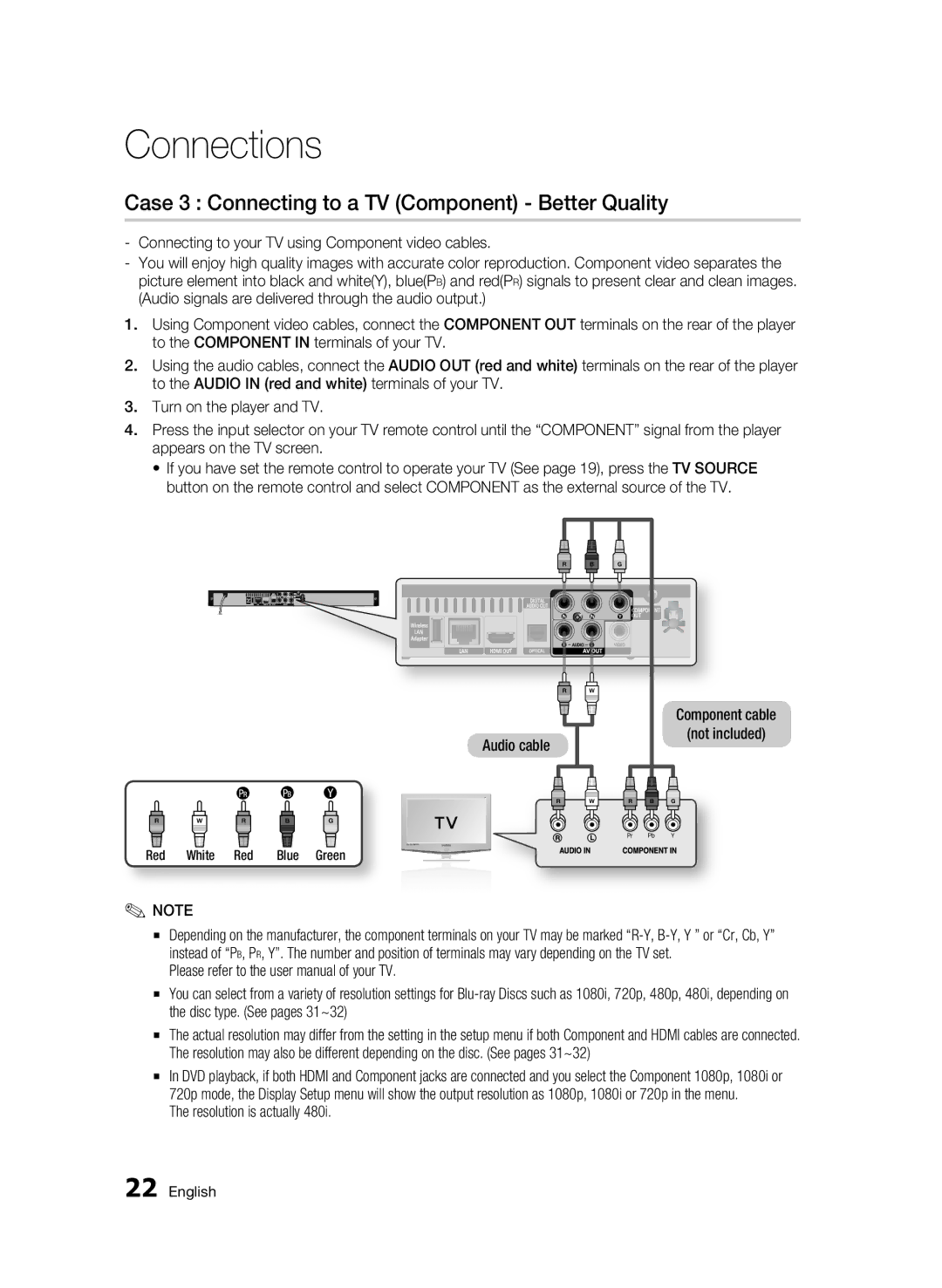 Samsung AK68-01963B-00 user manual Case 3 Connecting to a TV Component Better Quality, Resolution is actually 