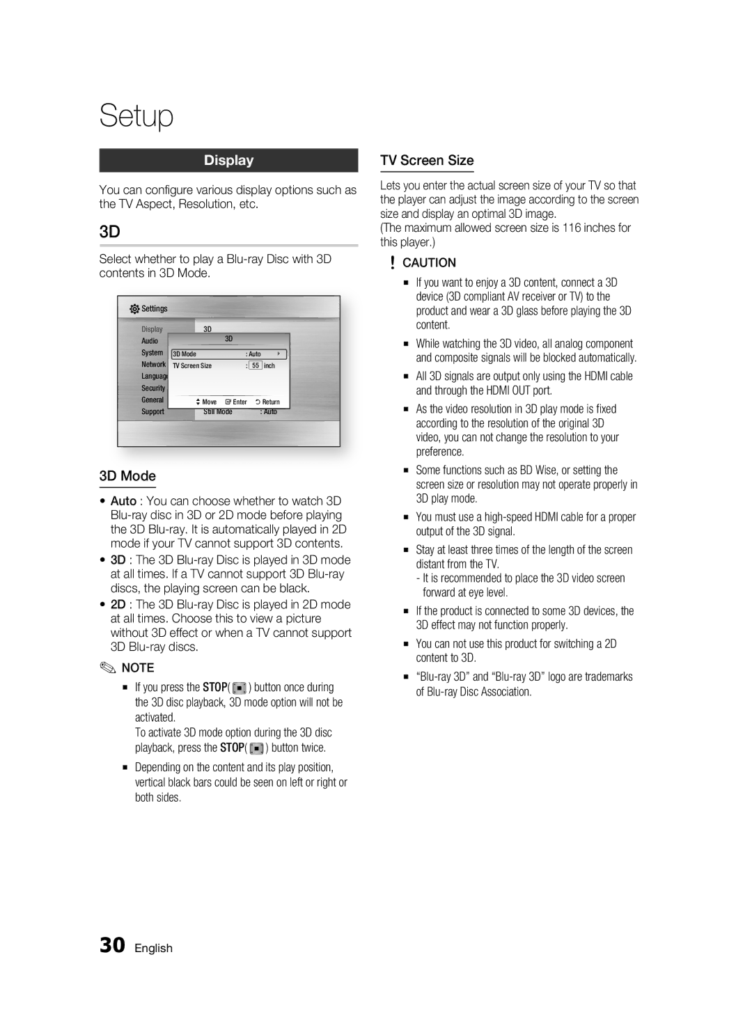 Samsung AK68-01963B-00 user manual Display, 3D Mode, TV Screen Size, Activated 