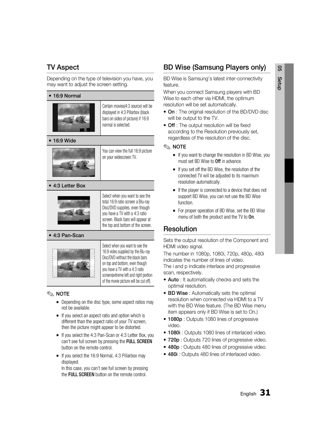 Samsung AK68-01963B-00 user manual TV Aspect, BD Wise Samsung Players only, Resolution 