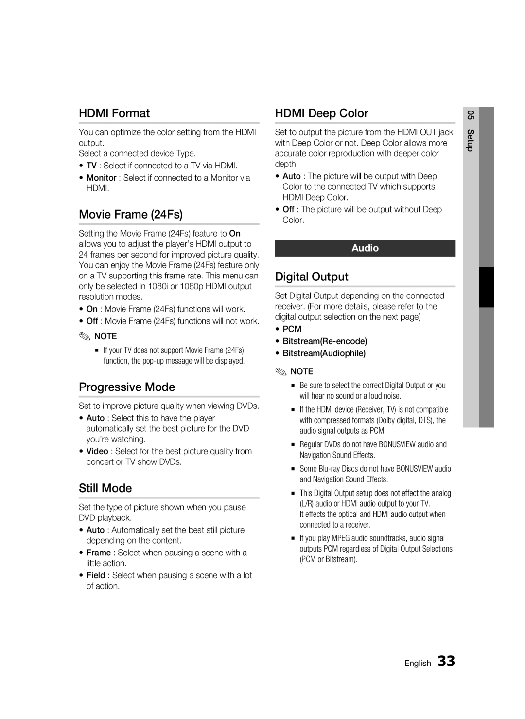 Samsung 01963B user manual Hdmi Format, Movie Frame 24Fs, Progressive Mode, Still Mode, Hdmi Deep Color, Digital Output 