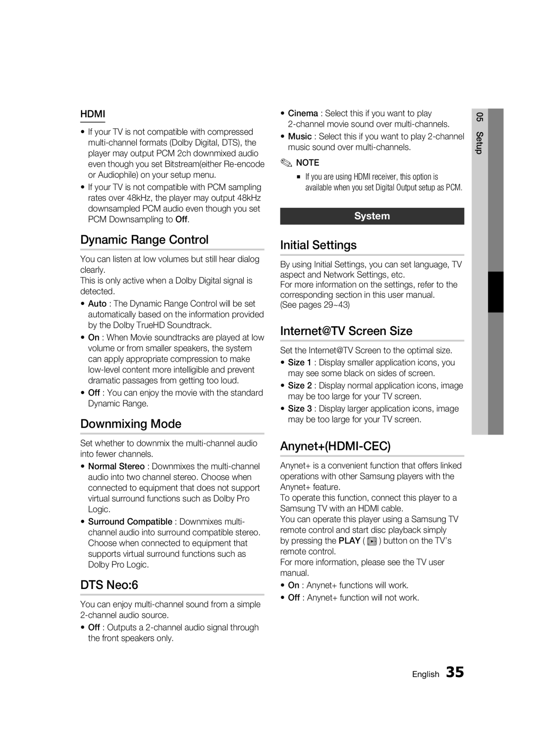 Samsung AK68-01963B-00 Dynamic Range Control, Downmixing Mode, DTS Neo6, Initial Settings, Internet@TV Screen Size 