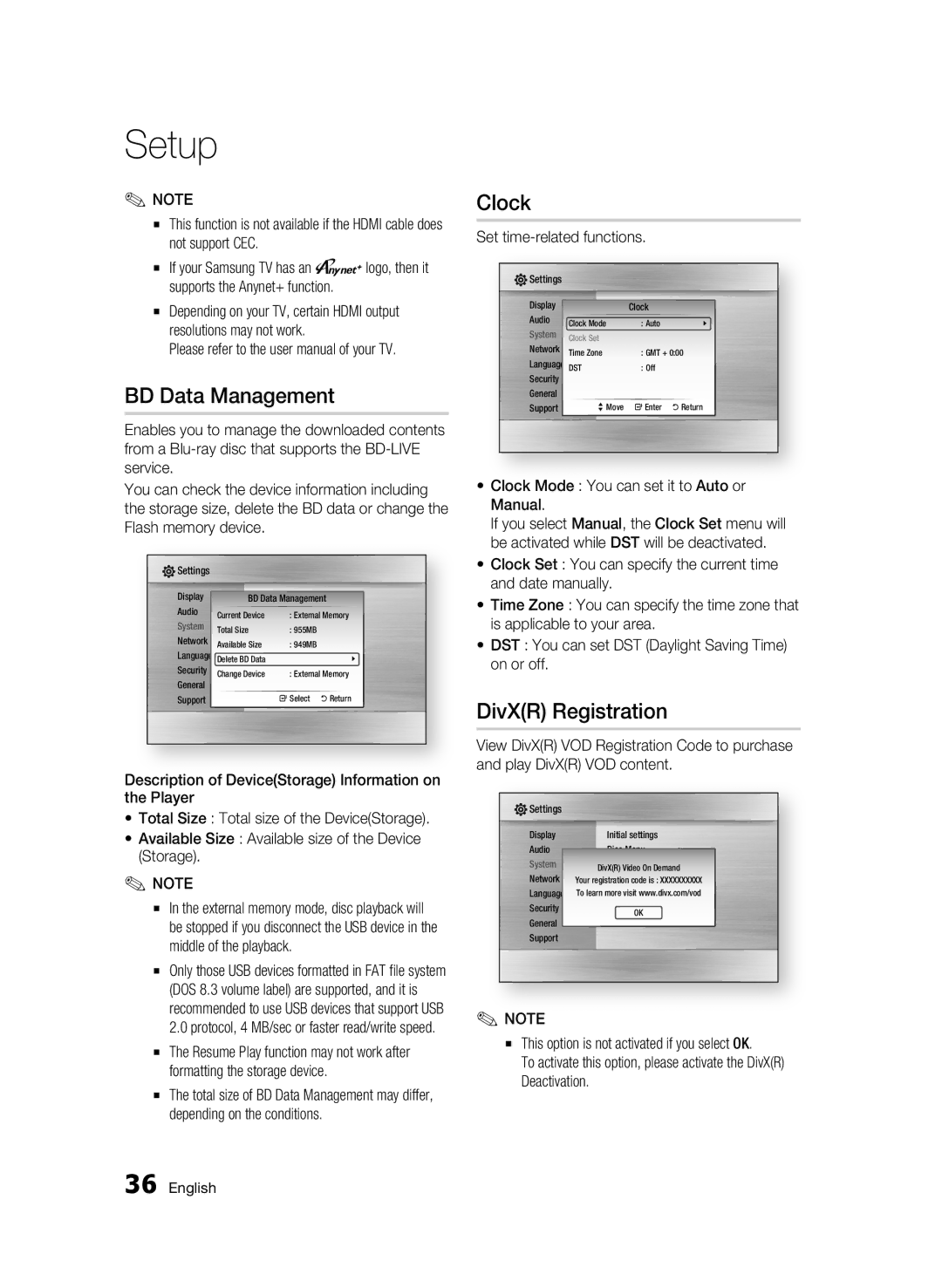 Samsung AK68-01963B-00 user manual BD Data Management, Clock, DivXR Registration 