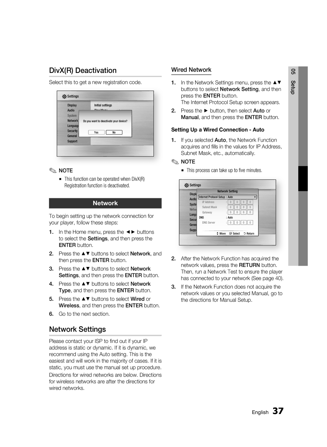 Samsung AK68-01963B-00 DivXR Deactivation, Network Settings, Wired Network, Setting Up a Wired Connection Auto 