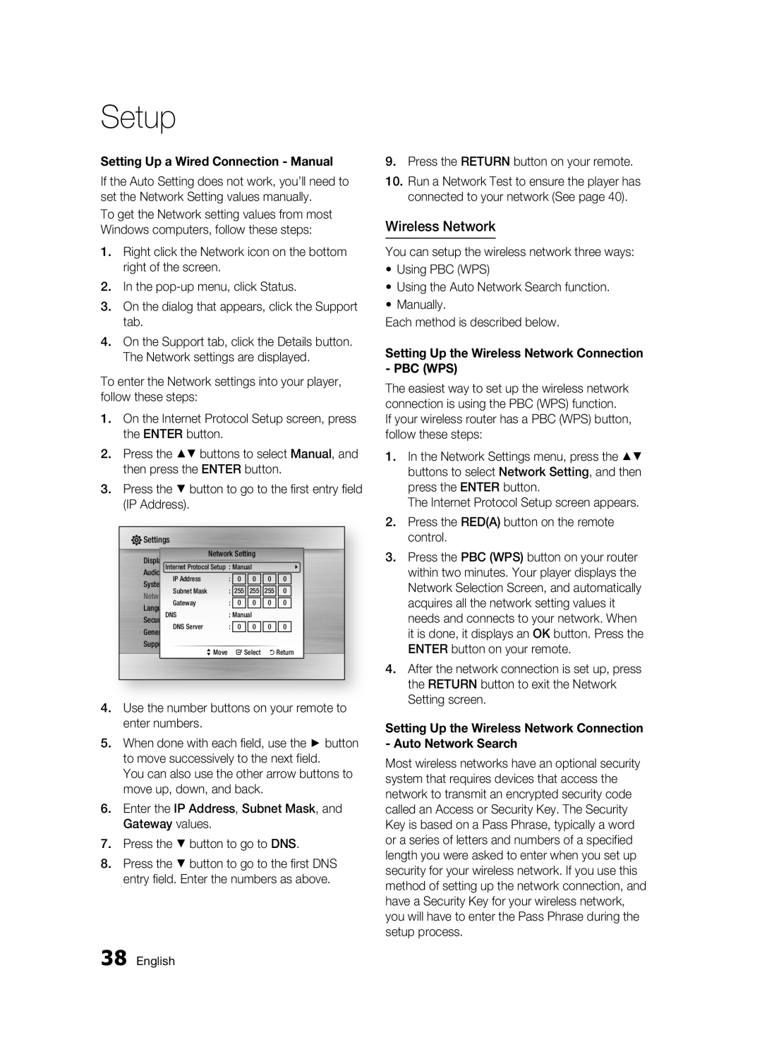 Samsung AK68-01963B-00 Wireless Network, Setting Up a Wired Connection Manual, Press the Return button on your remote 