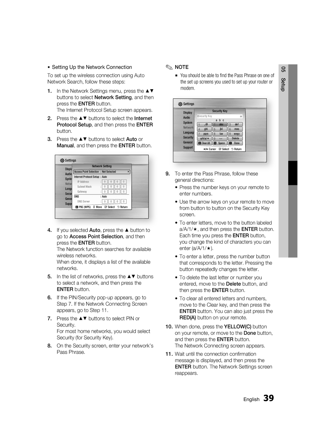 Samsung 01963B user manual  Setting Up the Network Connection, Press the Enter button, Press the buttons to select Auto or 