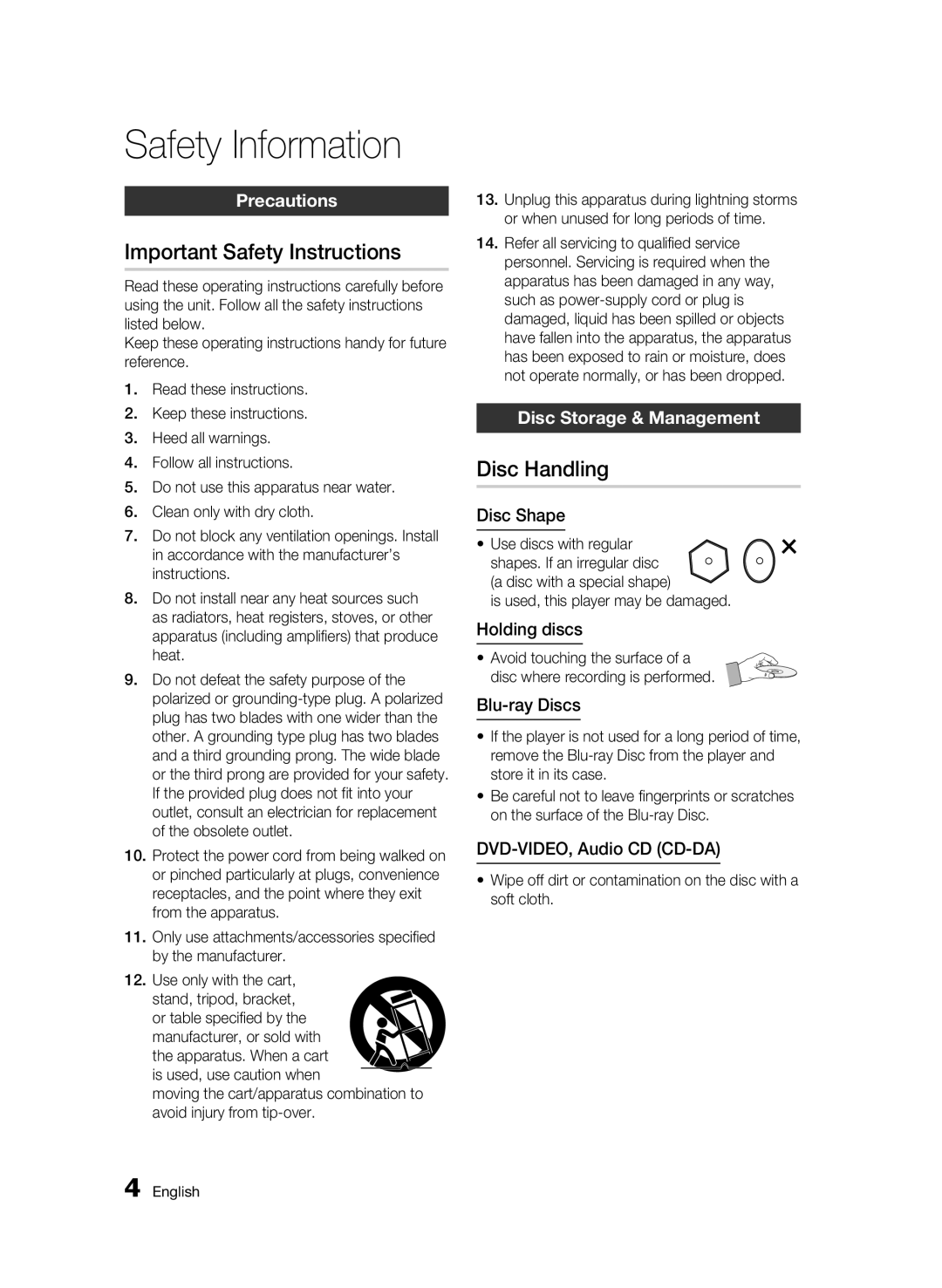 Samsung AK68-01963B-00 user manual Important Safety Instructions, Disc Handling, Precautions, Disc Storage & Management 