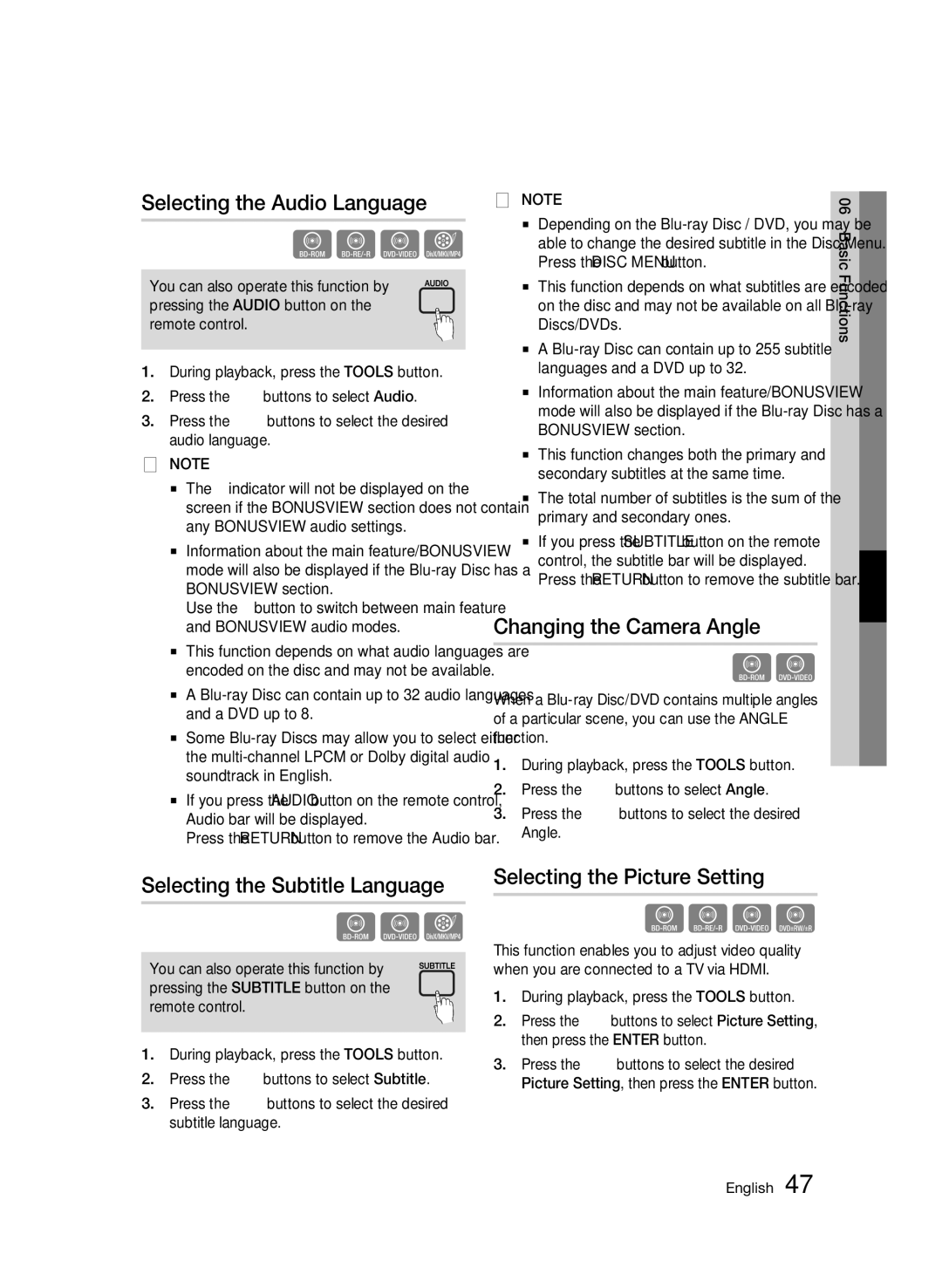 Samsung AK68-01963B-00 Selecting the Audio Language, Selecting the Subtitle Language, Changing the Camera Angle 