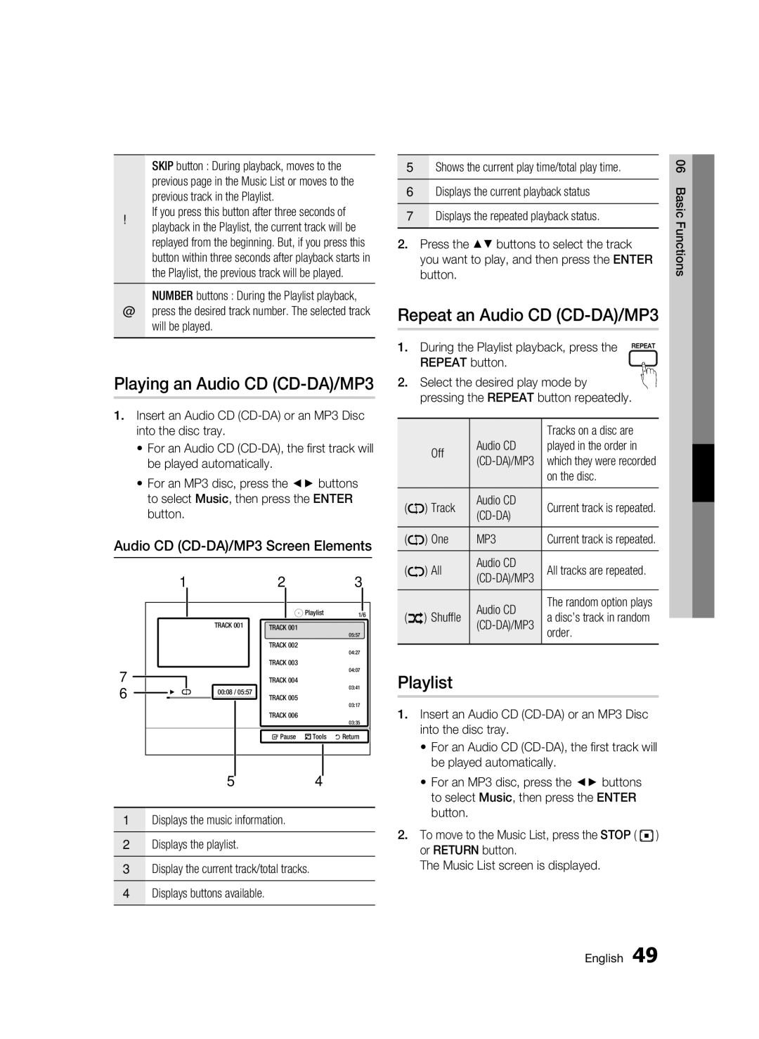 Samsung 01963B Playing an Audio CD CD-DA/MP3, Repeat an Audio CD CD-DA/MP3, Playlist, Audio CD CD-DA/MP3 Screen Elements 