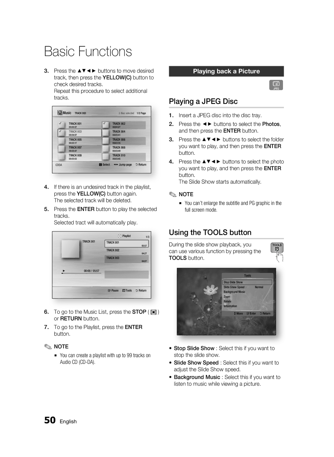 Samsung AK68-01963B-00 user manual Playing a Jpeg Disc, Using the Tools button, Playing back a Picture 