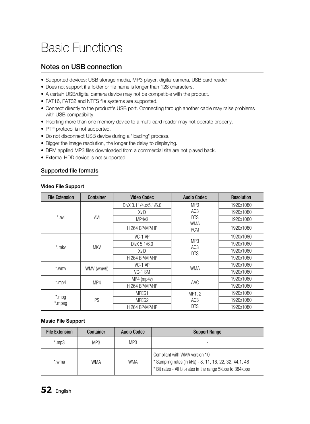 Samsung AK68-01963B-00 user manual Supported file formats, AC3, Avi, Dts 