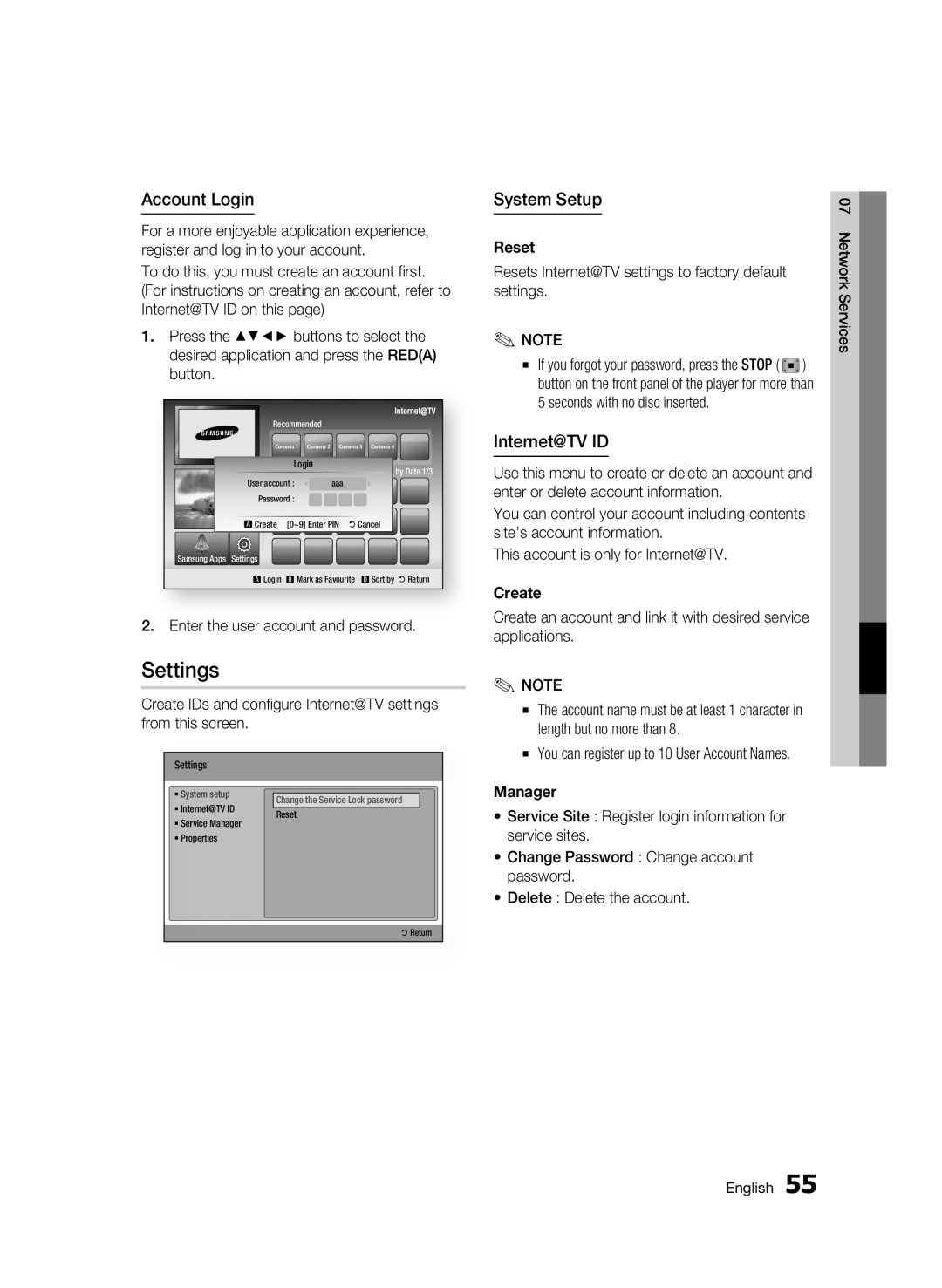 Samsung AK68-01963B-00 user manual Settings, Account Login, System Setup, Internet@TV ID 