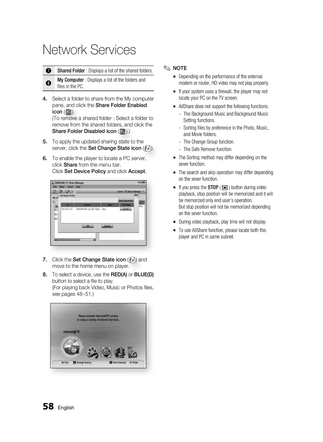 Samsung AK68-01963B-00 AllShare does not support the following functions, My Computer Displays a list of the folders 