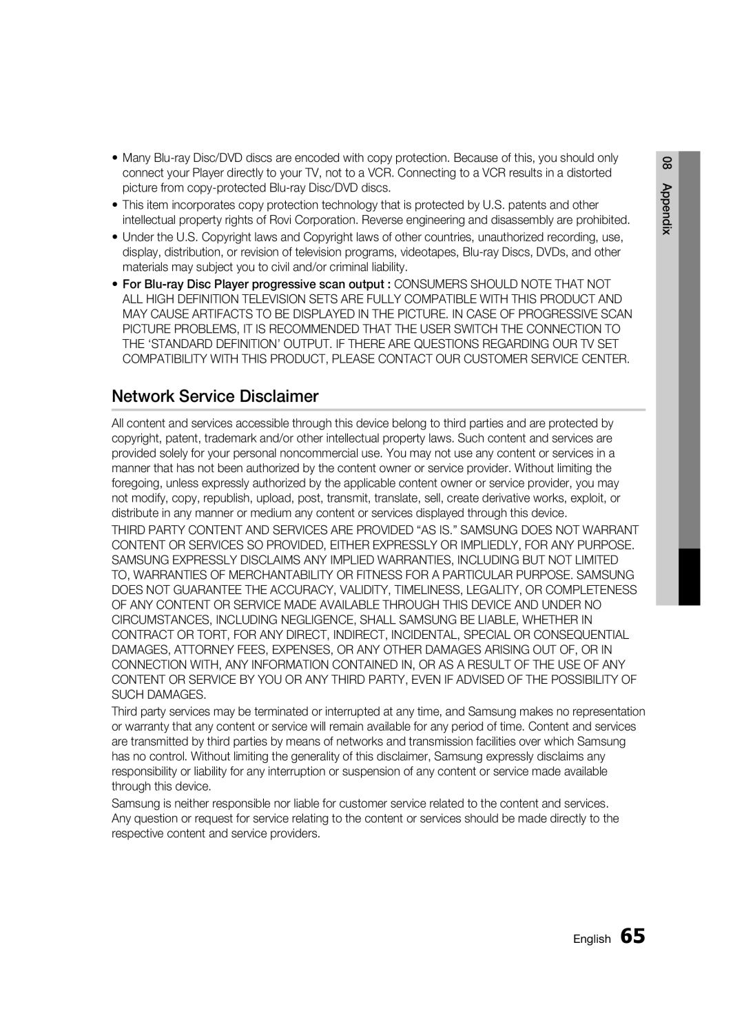 Samsung AK68-01963B-00 user manual Network Service Disclaimer 