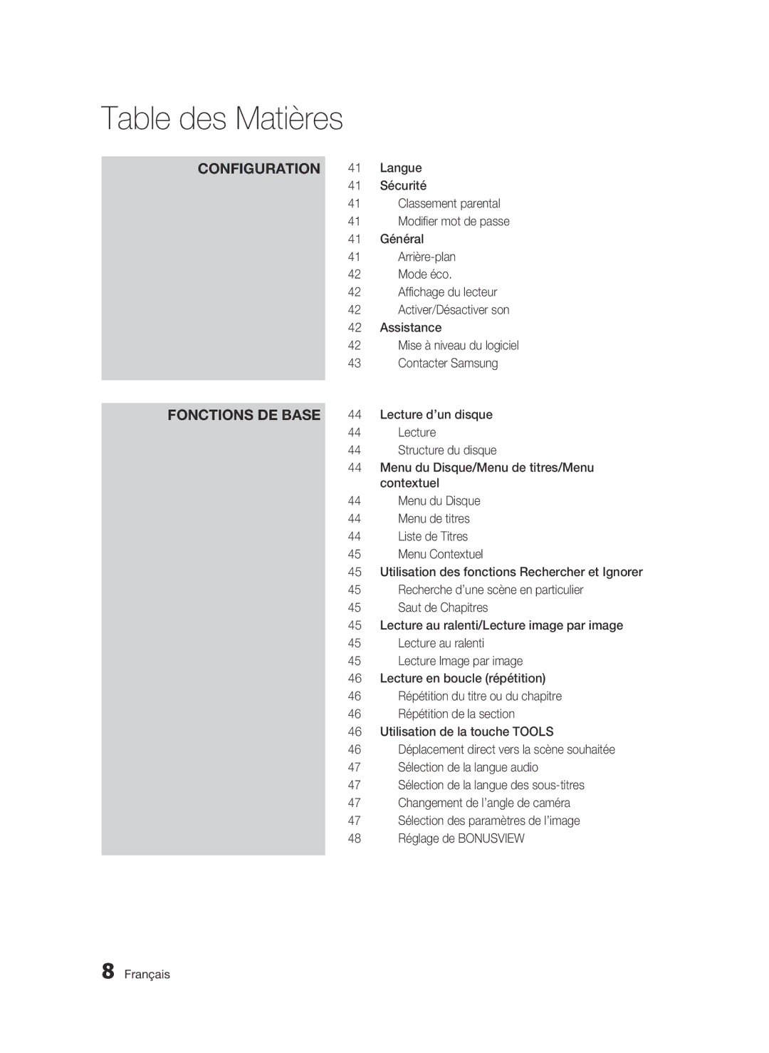 Samsung 01963B Langue, Sécurité, Classement parental, Modifier mot de passe, Général, Arrière-plan, Mode éco, Assistance 