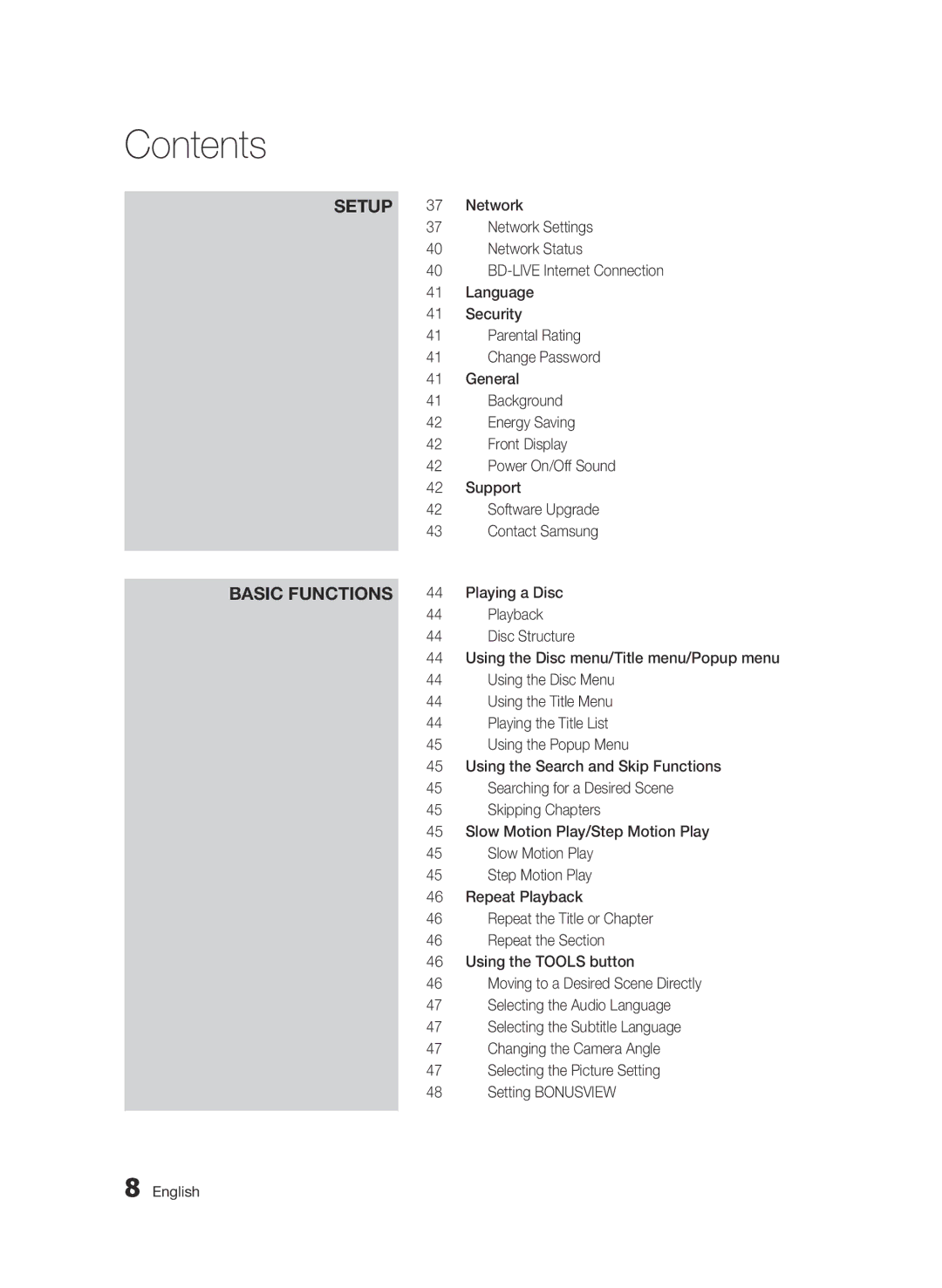 Samsung AK68-01963B-00 Network Settings, Network Status, BD-LIVE Internet Connection, Language, Security, General 