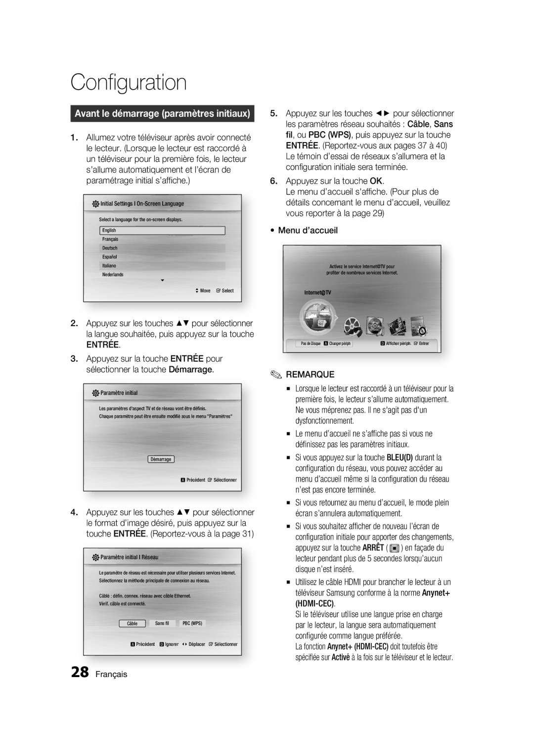 Samsung AK68-01963B-00 user manual Configuration, Avant le démarrage paramètres initiaux, Entrée 