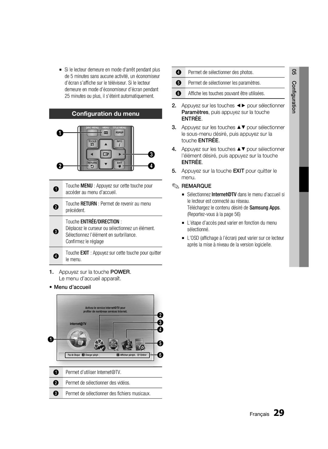 Samsung AK68-01963B-00 user manual Configuration du menu 