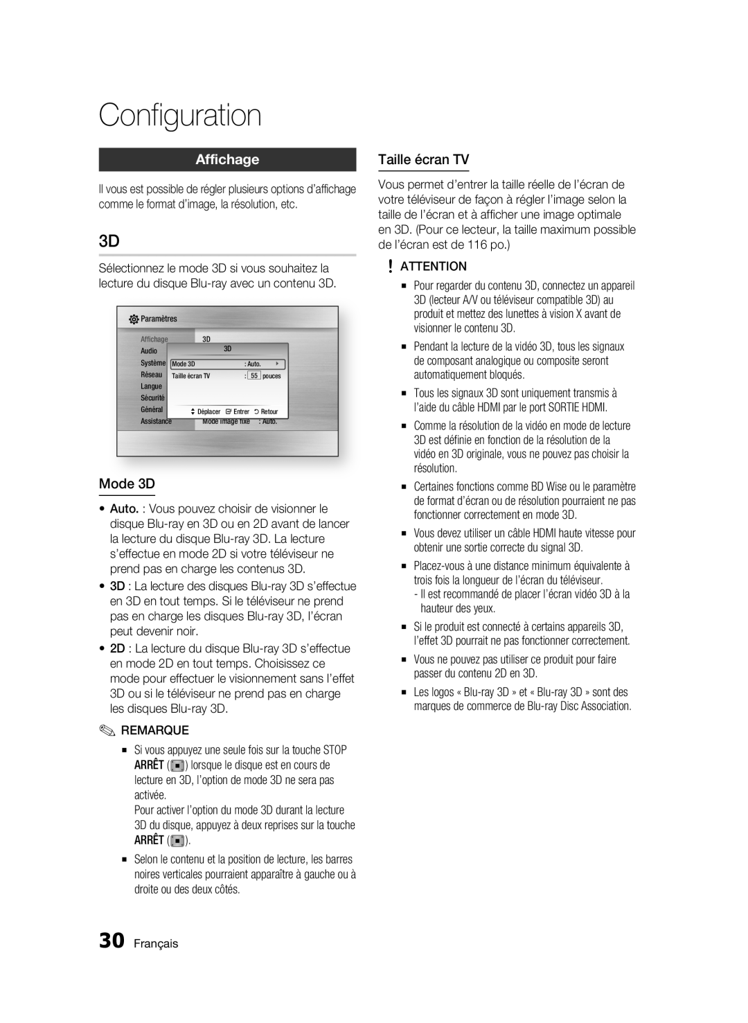 Samsung AK68-01963B-00 user manual Affichage, Mode 3D, Taille écran TV 