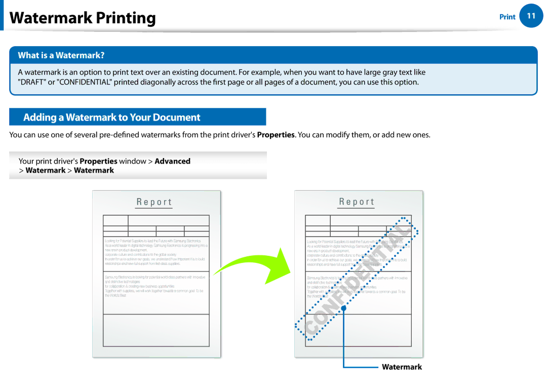 Samsung All in One Printer manual Watermark Printing, Adding a Watermark to Your Document, What is a Watermark? 