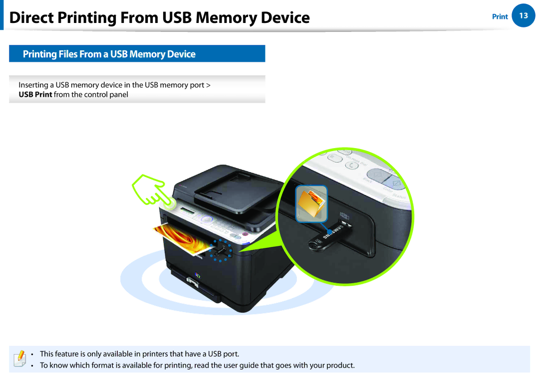 Samsung All in One Printer manual Direct Printing From USB Memory Device, Printing Files From a USB Memory Device 