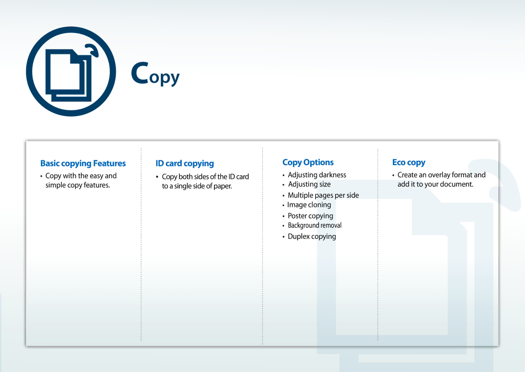 Samsung All in One Printer manual Basic copying Features, ID card copying, Copy Options Eco copy 