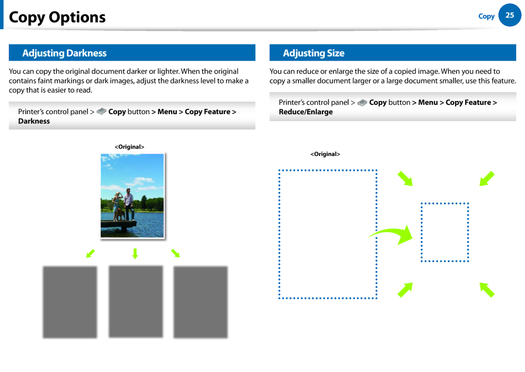 Samsung All in One Printer manual Copy Options, Adjusting Darkness, Adjusting Size, Reduce/Enlarge 