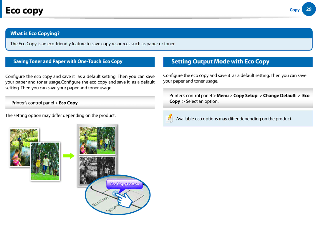 Samsung All in One Printer manual Eco copy, Setting Output Mode with Eco Copy, What is Eco Copying? 