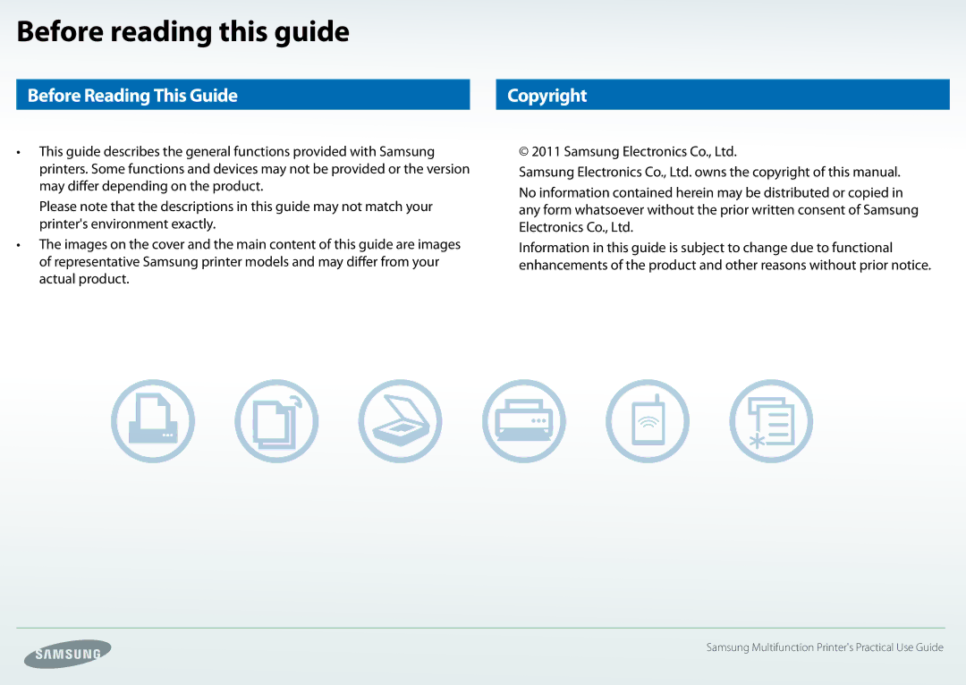 Samsung All in One Printer manual Before reading this guide, Before Reading This Guide 