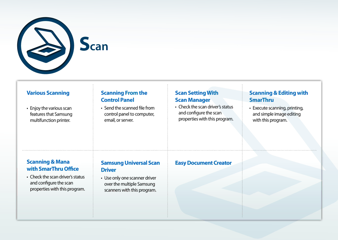 Samsung All in One Printer manual Various Scanning, Samsung Universal Scan Driver, Scan Setting With Scan Manager 