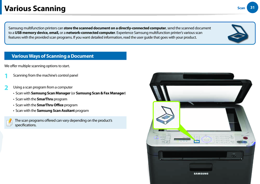 Samsung All in One Printer manual Various Scanning, Various Ways of Scanning a Document 