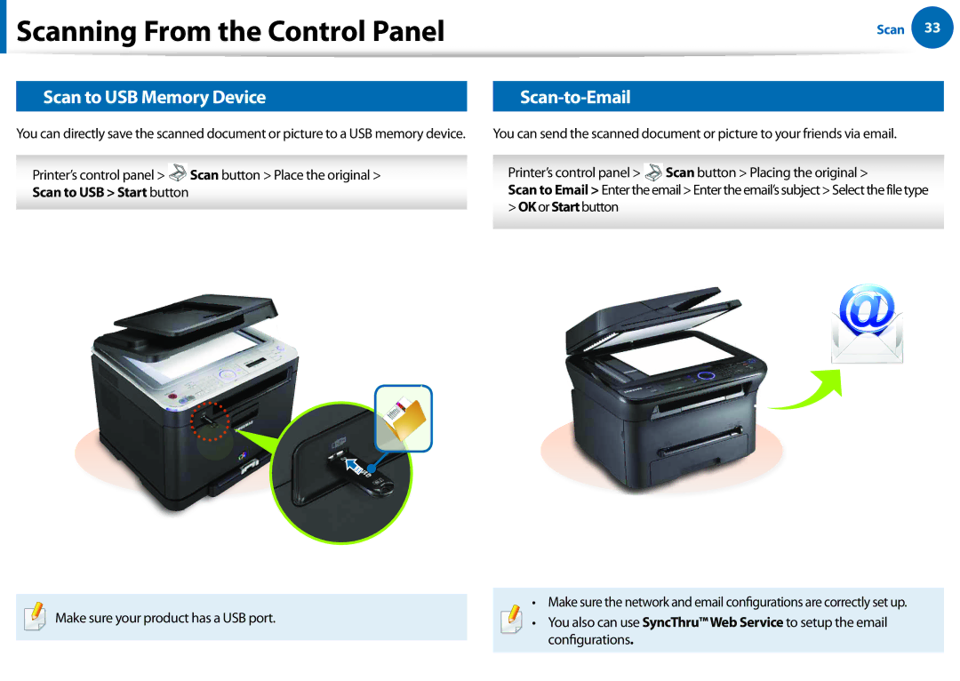 Samsung All in One Printer manual Scan to USB Memory Device, Scan-to-Email, Scan to USB Start button 