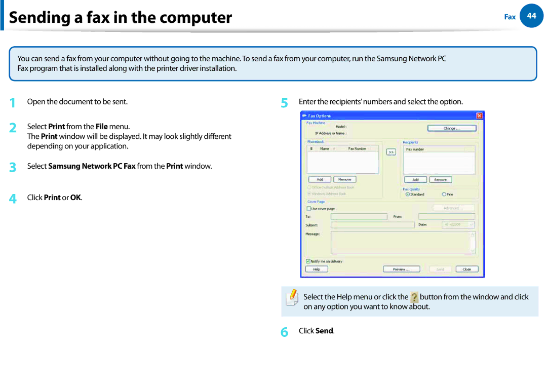 Samsung All in One Printer manual Sending a fax in the computer, Select Samsung Network PC Fax from the Print window 