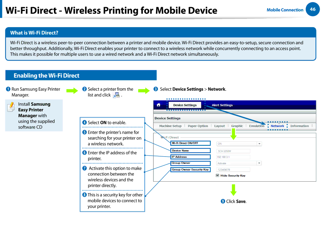 Samsung All in One Printer manual Wi-Fi Direct Wireless Printing for Mobile Device, Enabling the Wi-Fi Direct 