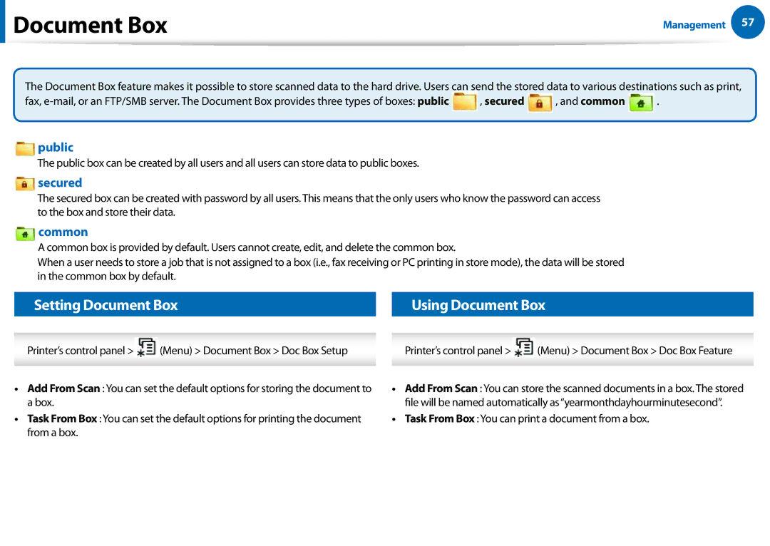 Samsung All in One Printer manual Setting Document Box Using Document Box, Public, Secured, Common 