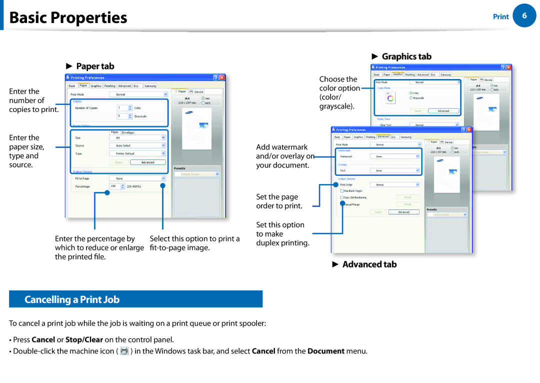 Samsung All in One Printer manual Basic Properties, Cancelling a Print Job 