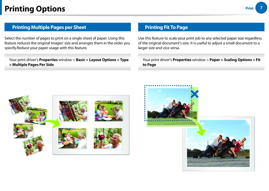 Samsung All in One Printer manual Printing Options, Printing Multiple Pages per Sheet, Printing Fit To 