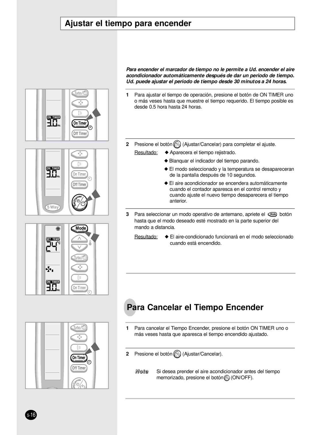 Samsung AM14B1(B2)E07 manuel dutilisation Ajustar el tiempo para encender, Para Cancelar el Tiempo Encender 