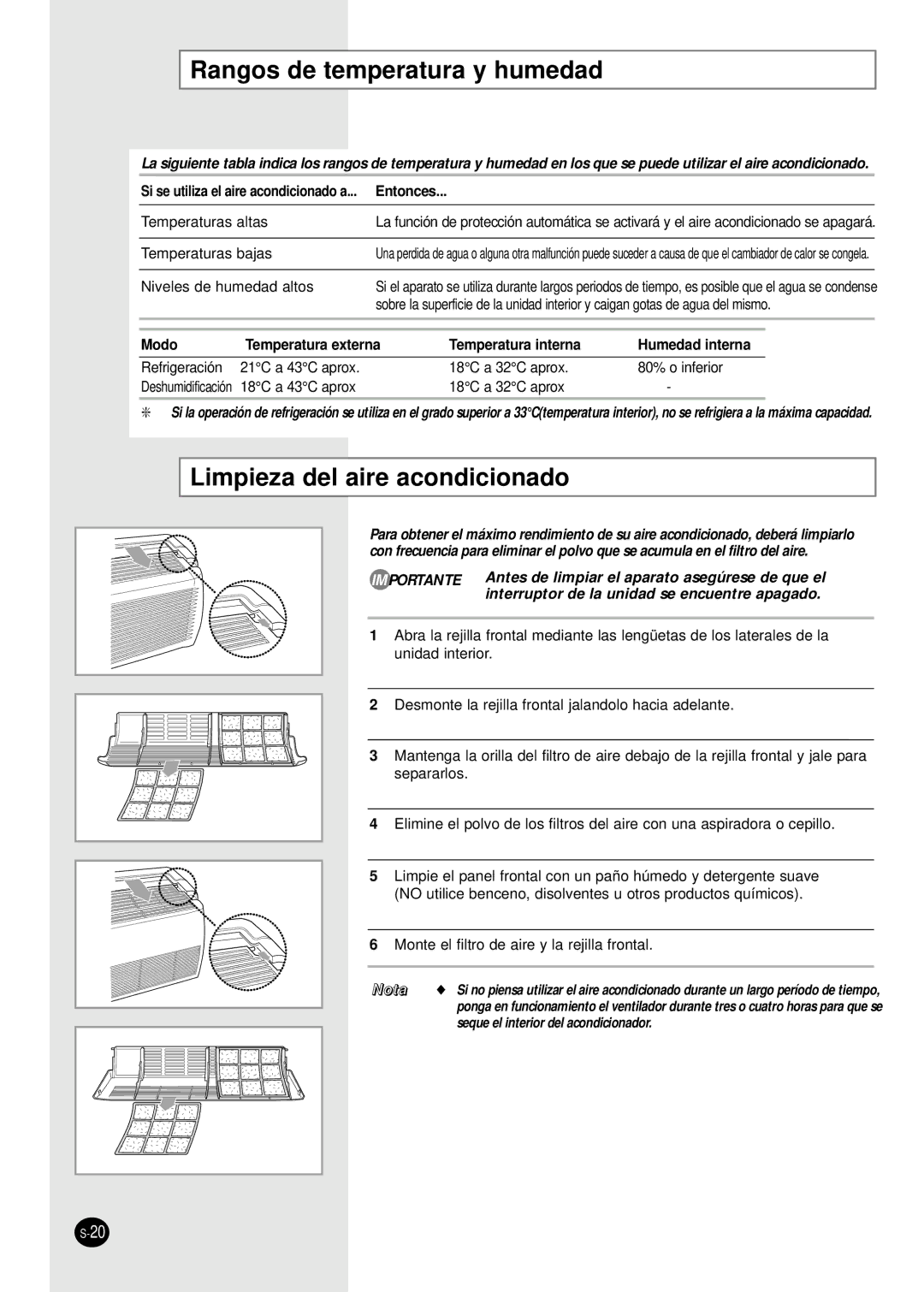 Samsung AM14B1(B2)E07 manuel dutilisation Rangos de temperatura y humedad, Limpieza del aire acondicionado, Entonces 