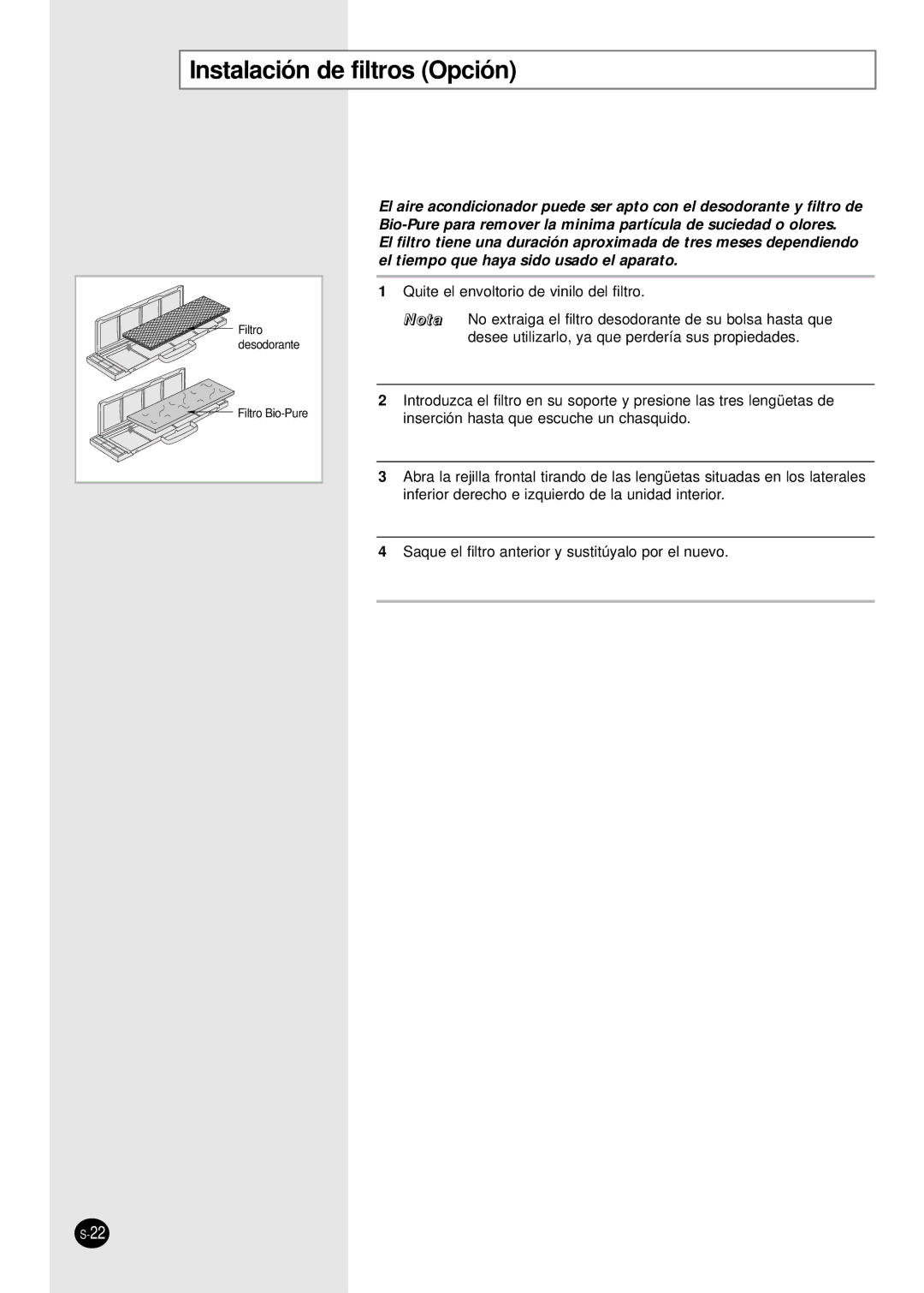 Samsung AM14B1(B2)E07 manuel dutilisation Instalación de filtros Opción 